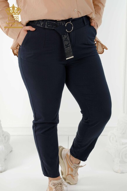 Women's Trousers Belt Detailed Navy Blue - 3468 | KAZEE - Thumbnail