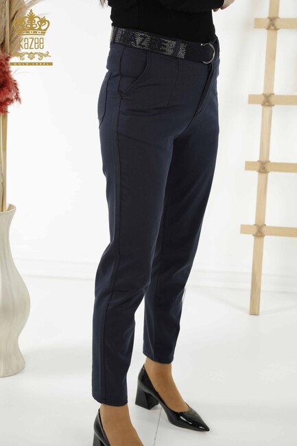 Women's Trousers Belt Detailed Navy Blue - 3685 | KAZEE - Thumbnail