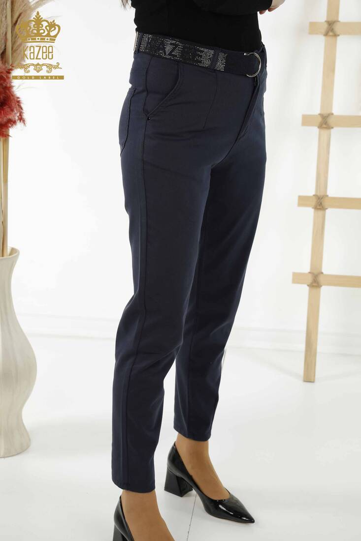 Women's Trousers Belt Detailed Navy Blue - 3685 | KAZEE