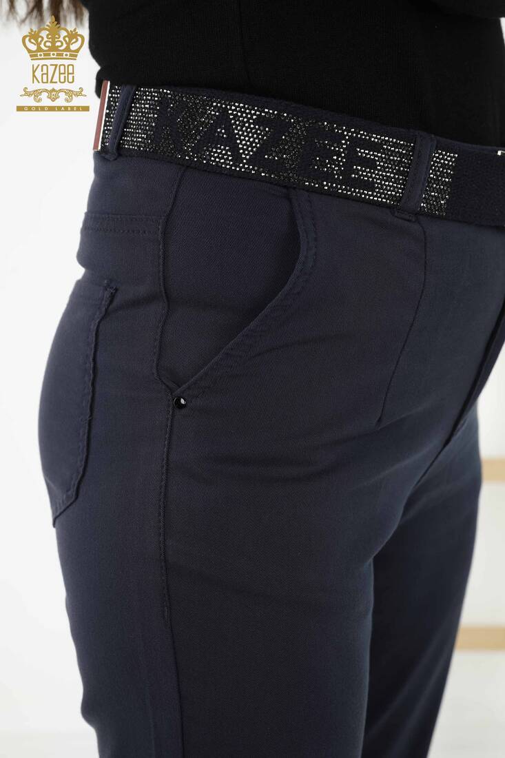 Women's Trousers Belt Detailed Navy Blue - 3685 | KAZEE