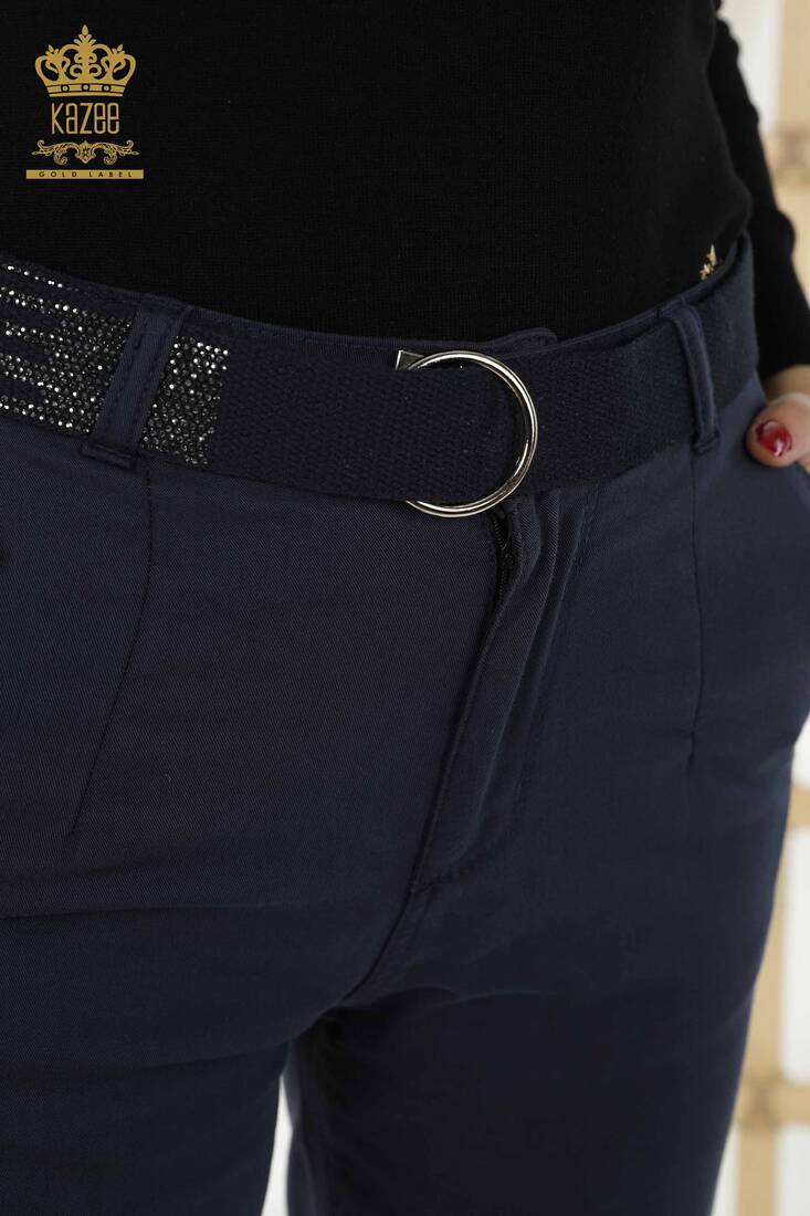 Women's Trousers Belt Detailed Navy Blue - 3685 | KAZEE