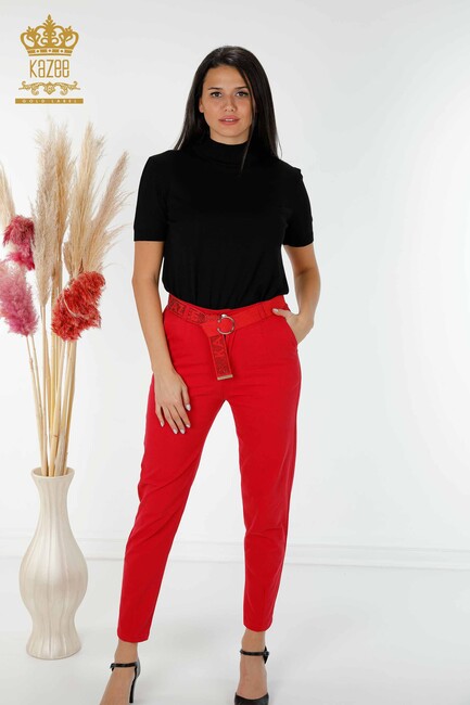 Women's Trousers Belt Detailed Red - 3498 | KAZEE - Thumbnail