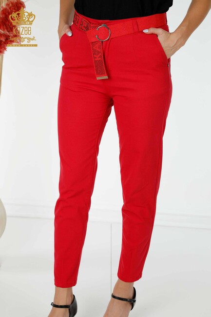 Women's Trousers Belt Detailed Red - 3498 | KAZEE - Thumbnail