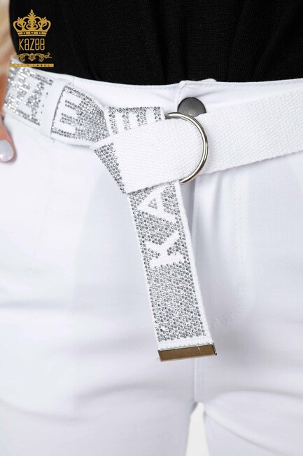 Women's Trousers Belt Detailed White - 3498 | KAZEE - Thumbnail