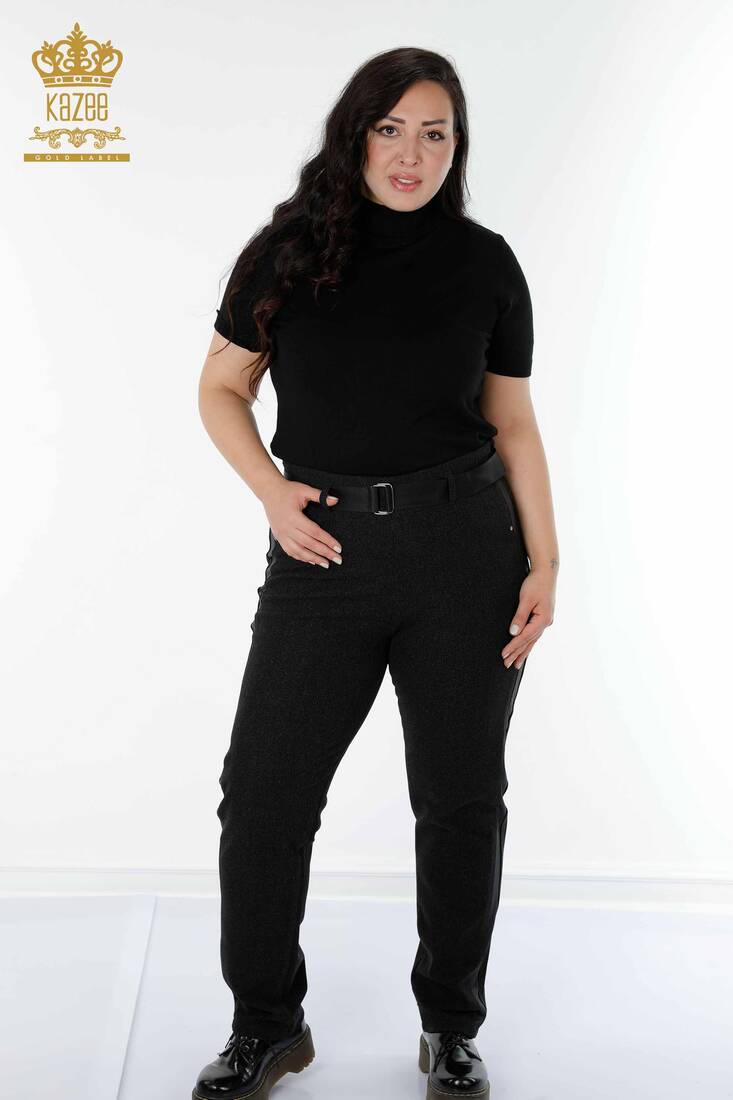 Women's Trousers Black With Belt - 3658 | KAZEE