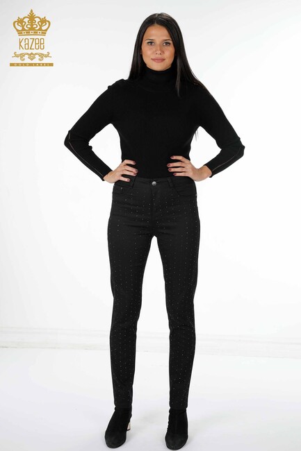 Women's Trousers Crystal Stone Embroidered Black - 3616 | KAZEE - Thumbnail