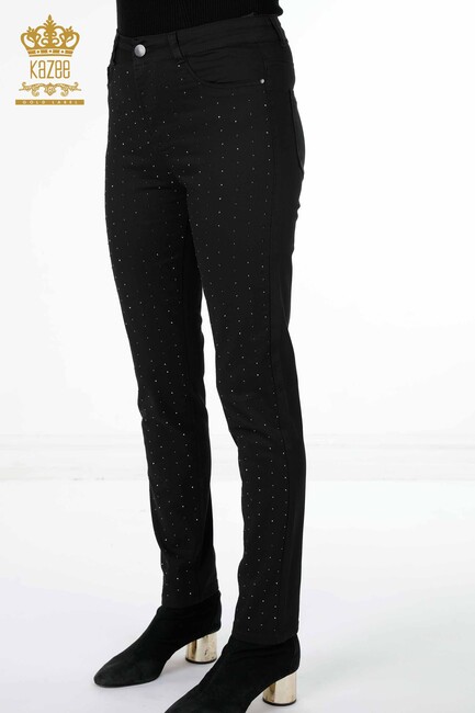 Women's Trousers Crystal Stone Embroidered Black - 3616 | KAZEE - Thumbnail