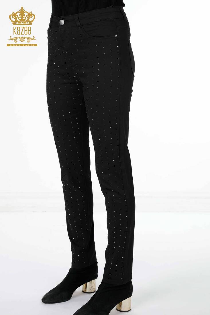 Women's Trousers Crystal Stone Embroidered Black - 3616 | KAZEE