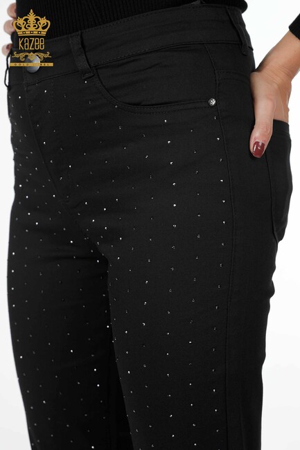 Women's Trousers Crystal Stone Embroidered Black - 3616 | KAZEE - Thumbnail