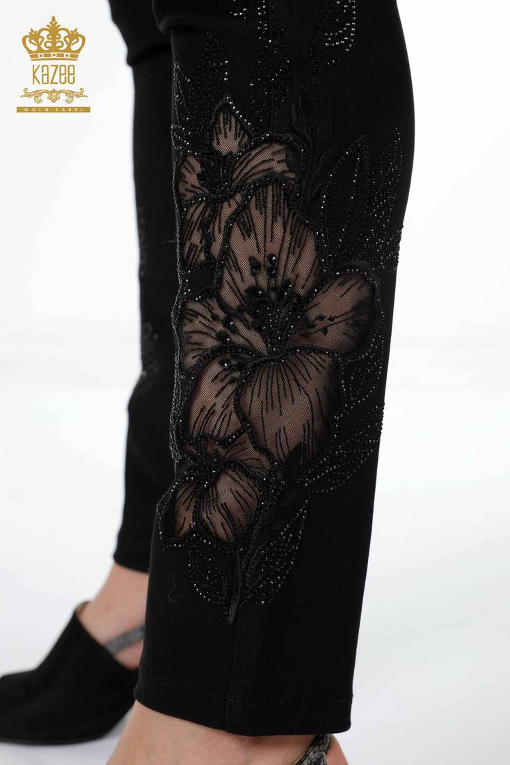 Women's Trousers Floral Pattern Black - 3576 | KAZEE