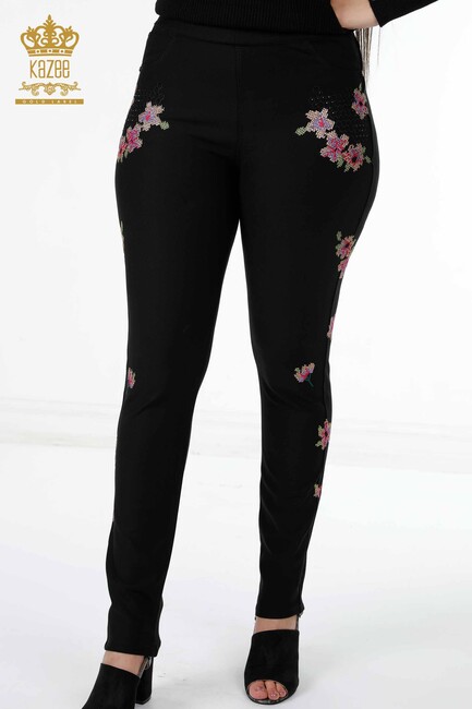 Women's Trousers Black With Floral Print - 3410 | KAZEE - Thumbnail