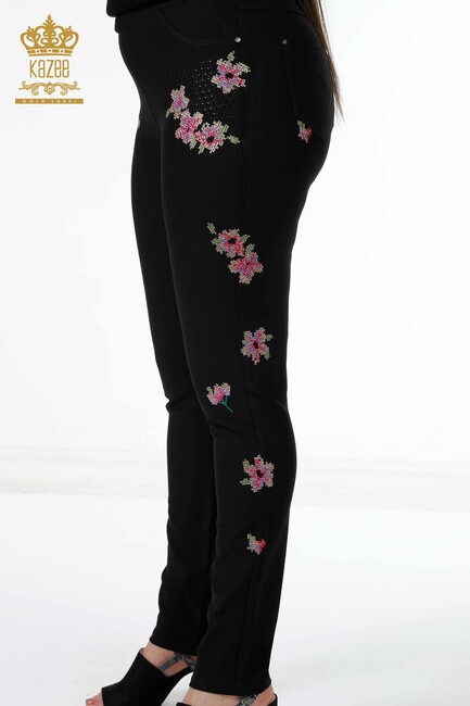 Women's Trousers Black With Floral Print - 3410 | KAZEE - Thumbnail