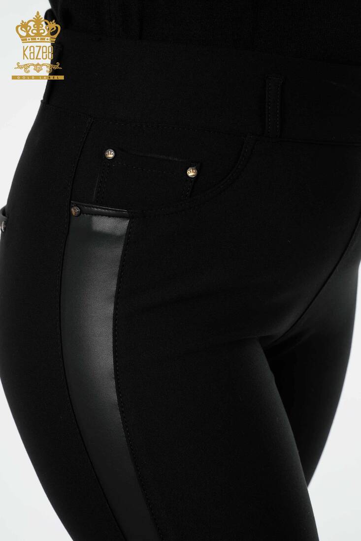 Women's Pants Leather Detailed Black - 3656 | KAZEE