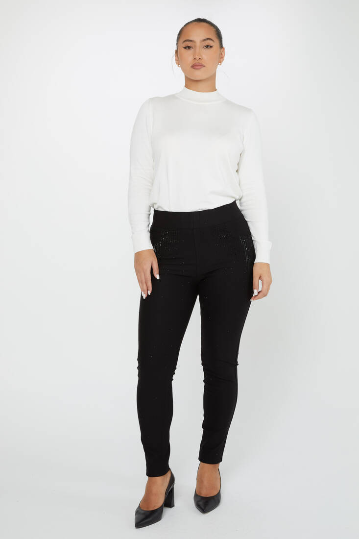 Women's Trousers Pocket Part Stone Detail Black - 3758 | KAZEE