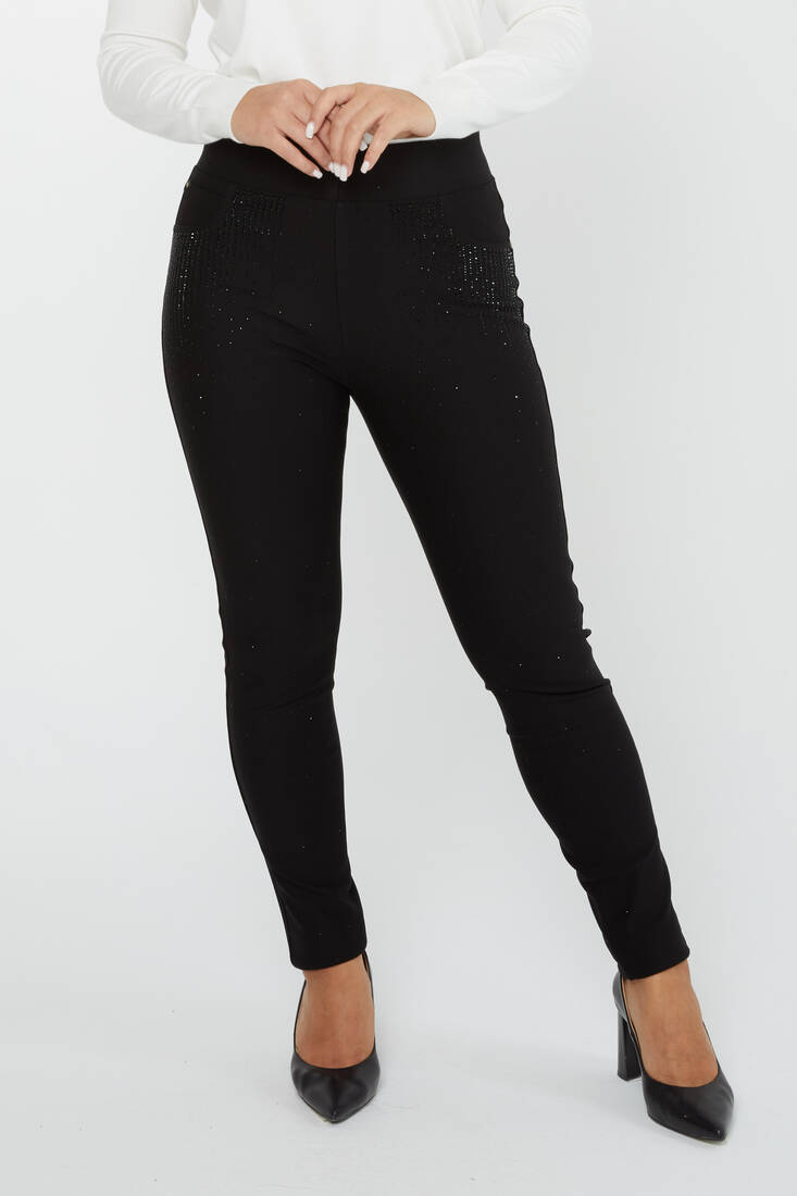 Women's Trousers Pocket Part Stone Detail Black - 3758 | KAZEE