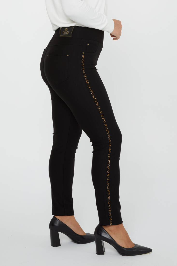 Women's Trousers Side Stripe Leopard Stone Detail Black - 3726 | KAZEE