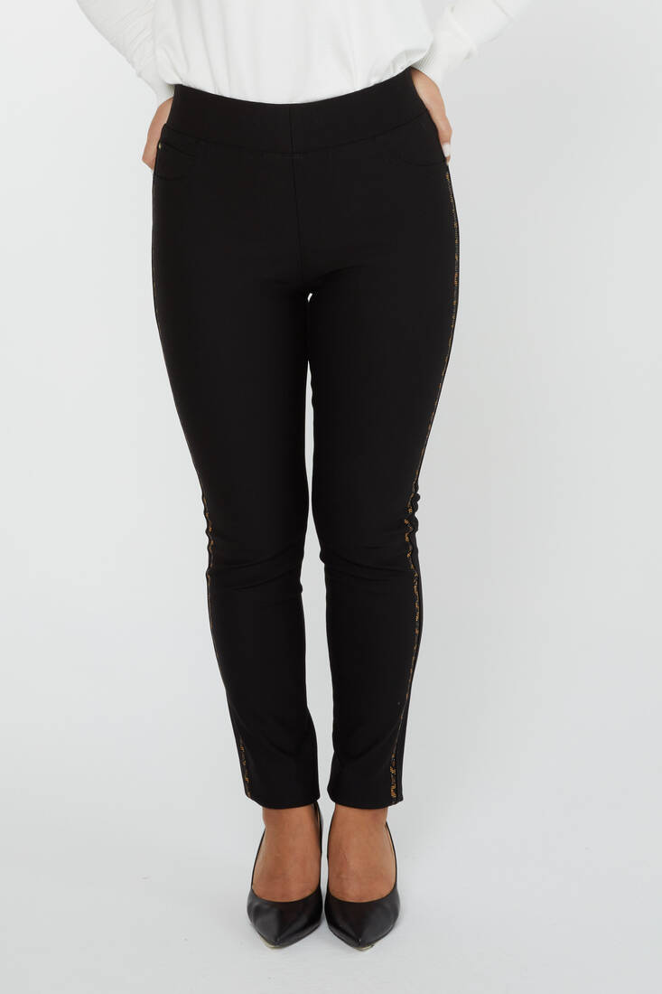 Women's Trousers Side Stripe Leopard Stone Detail Black - 3726 | KAZEE