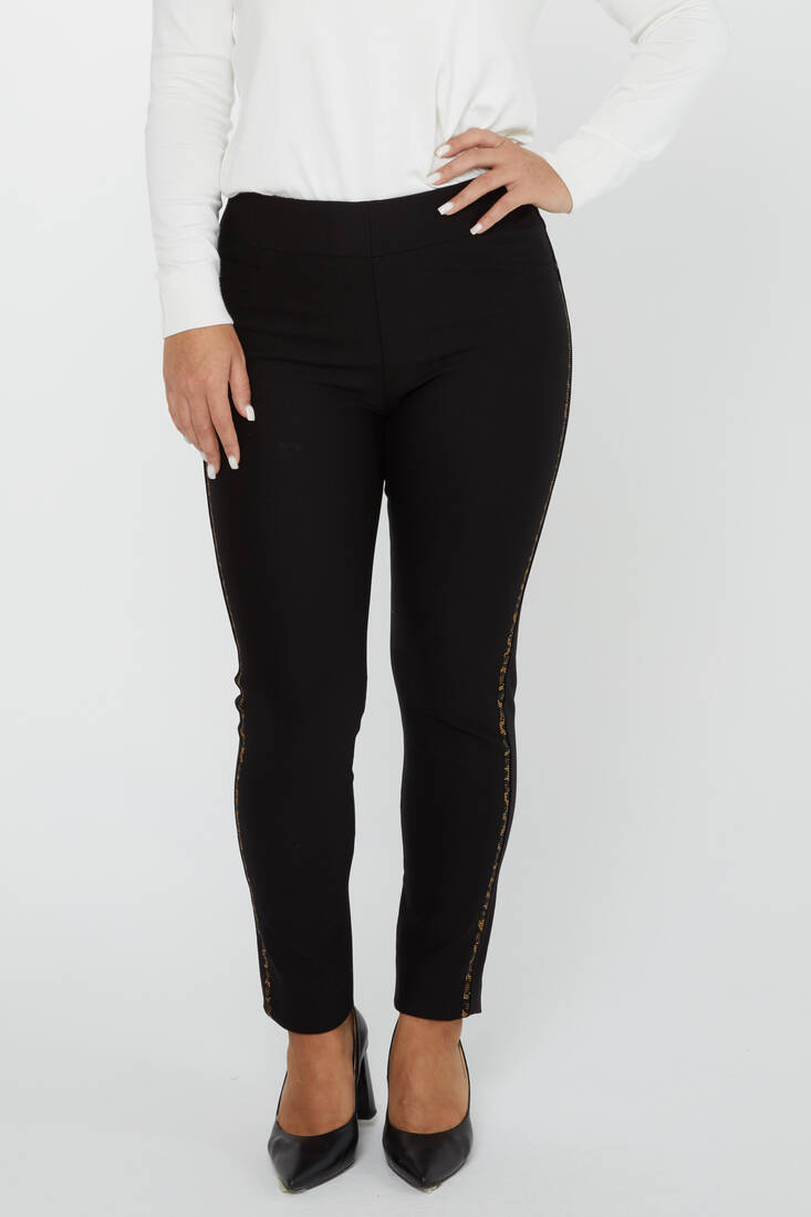 Women's Trousers Side Leopard Stripe Detail Black - 3727 | KAZEE