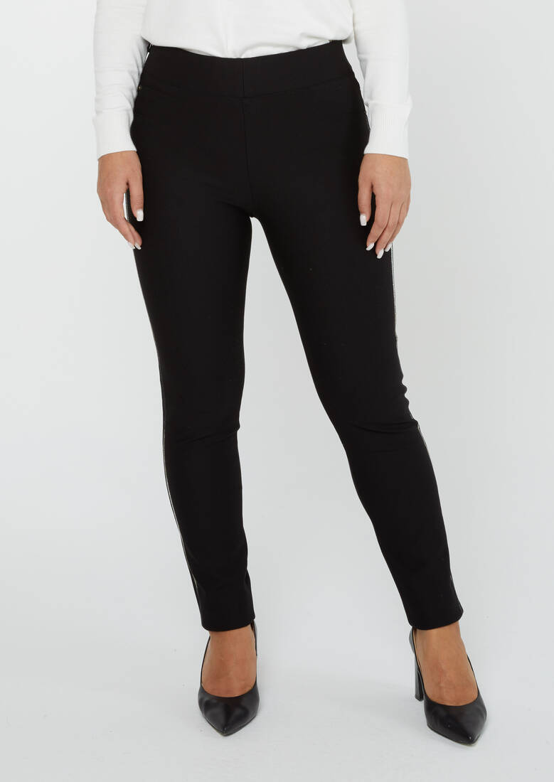 Women's Trousers Side Stripe Stone Detail Black - 3723 | KAZEE