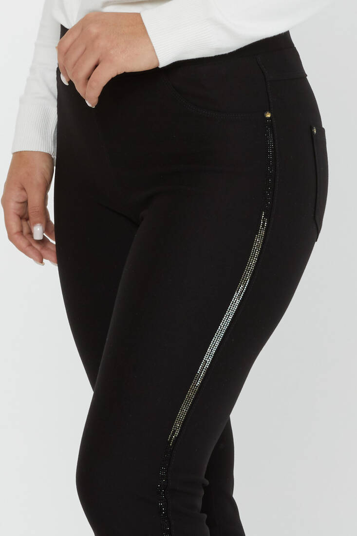 Women's Trousers Side Stripe Stone Detail Black - 3723 | KAZEE