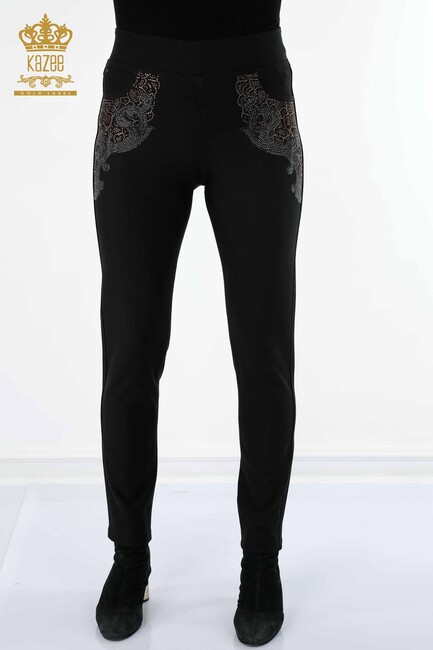 Women's Trousers Stone Embroidered Black - 3407 | KAZEE - Thumbnail