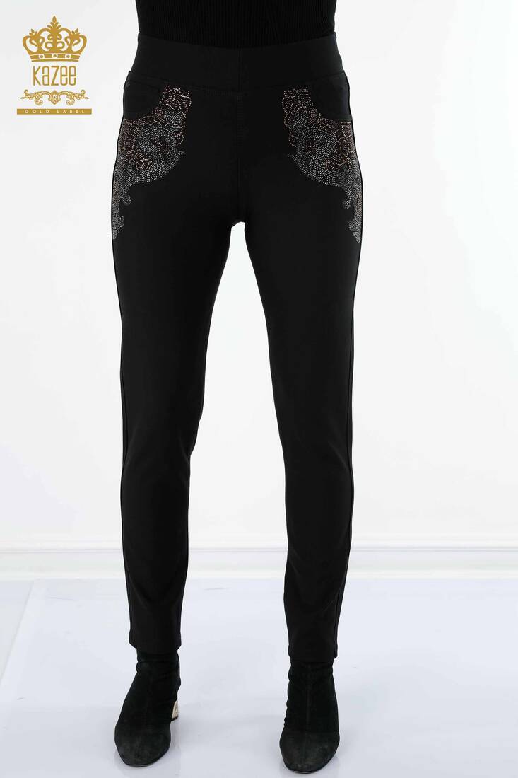 Women's Trousers Stone Embroidered Black - 3407 | KAZEE