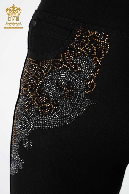 Women's Trousers Stone Embroidered Black - 3407 | KAZEE - Thumbnail