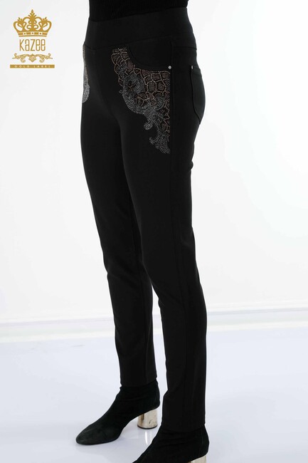 Women's Trousers Stone Embroidered Black - 3407 | KAZEE - Thumbnail