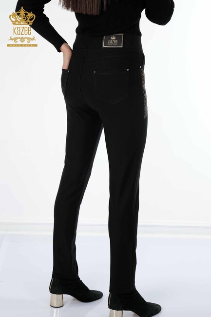 Women's Trousers Stone Embroidered Black - 3407 | KAZEE - Thumbnail