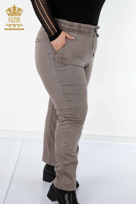 Women's Trousers Stone Embroidered Brown - 3502 | KAZEE - Thumbnail