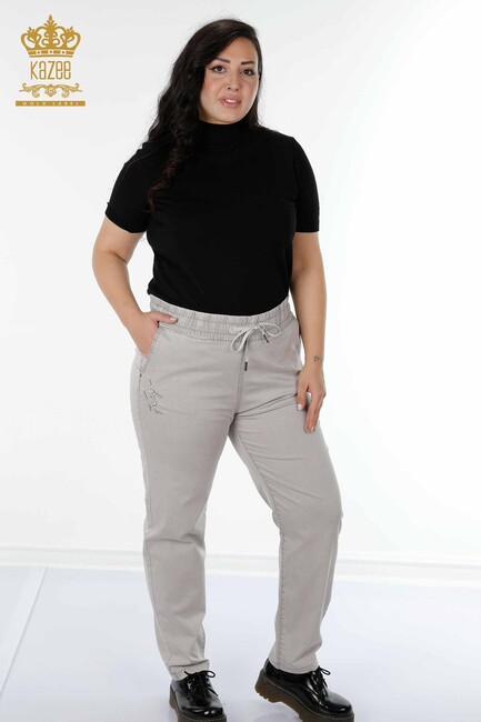 Women's Trousers Stone Embroidered Light Gray - 3502 | KAZEE - Thumbnail