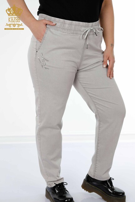 Women's Trousers Stone Embroidered Light Gray - 3502 | KAZEE - Thumbnail