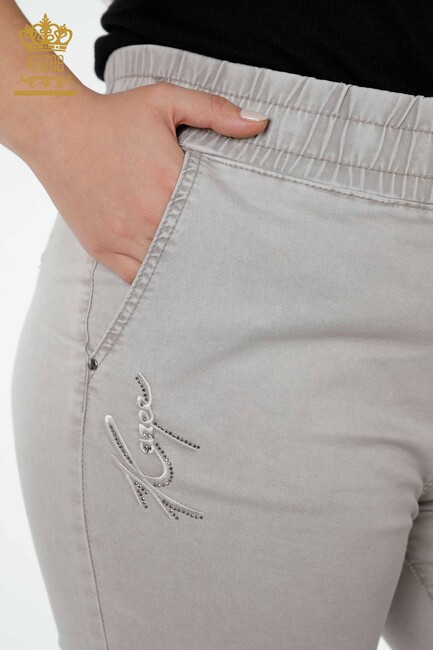 Women's Trousers Stone Embroidered Light Gray - 3502 | KAZEE - Thumbnail