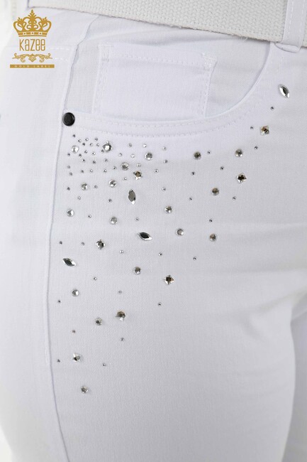 Women's Trousers Stone Embroidered White - 3689 | KAZEE - Thumbnail