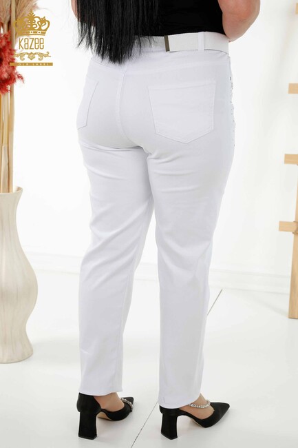 Women's Trousers Stone Embroidered White - 3689 | KAZEE - Thumbnail