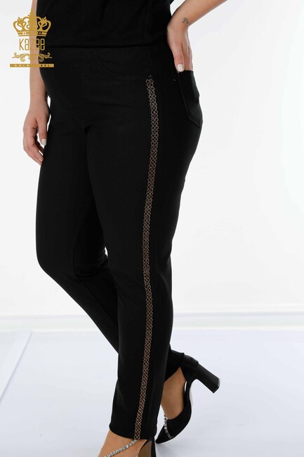 Women's Trousers Stripe Stone Embroidered Black - 3593 | KAZEE - Thumbnail