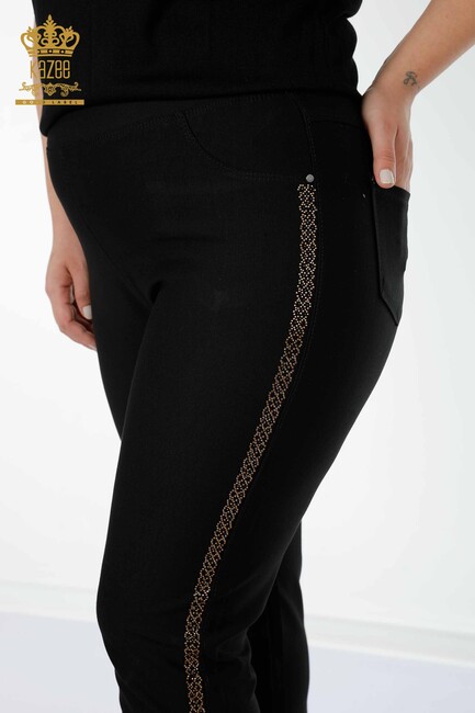 Women's Trousers Stripe Stone Embroidered Black - 3593 | KAZEE - Thumbnail