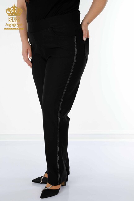 Women's Trousers Stripe Stone Embroidered Black - 3664 | KAZEE - Thumbnail