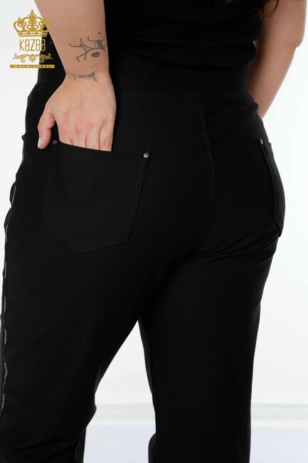 Women's Trousers Stripe Stone Embroidered Black - 3664 | KAZEE - Thumbnail