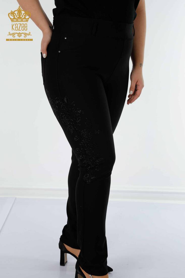 Women's Trousers Black With Stone Embroidery - 3620 | KAZEE