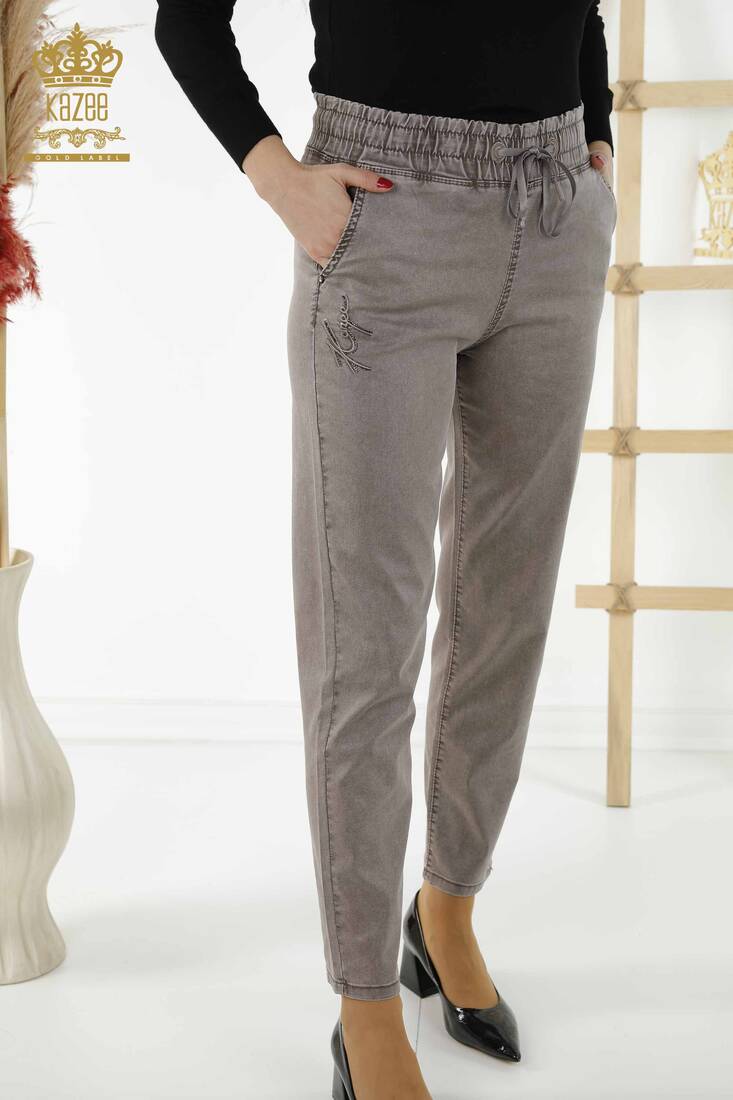 Women's Trousers Elastic Waist Brown - 3674 | KAZEE