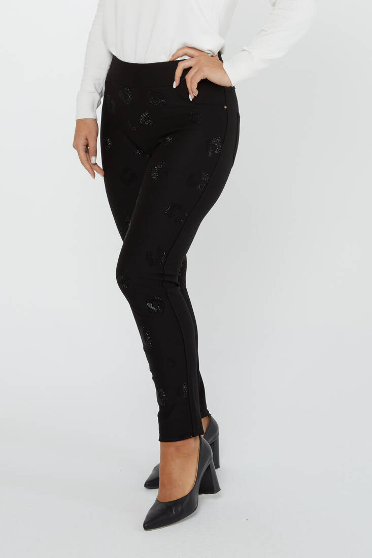 Women's Elastic Waist Trousers Spot Detail Stone Black - 3752 | KAZEE