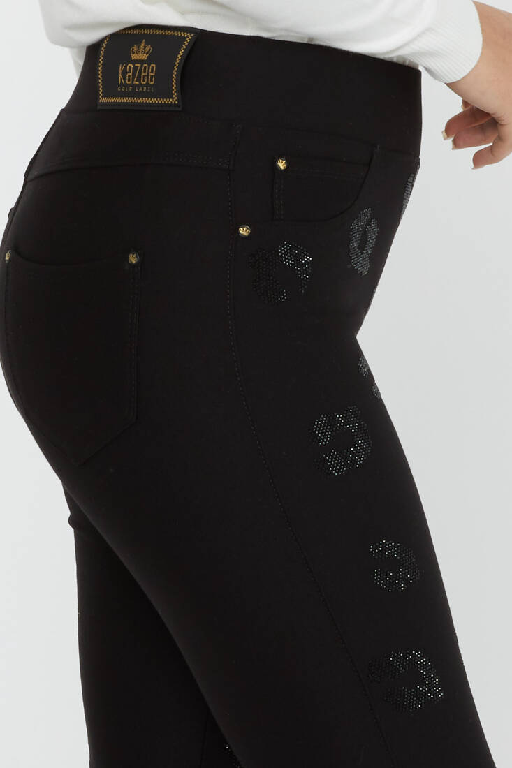 Women's Elastic Waist Trousers Spot Detail Stone Black - 3752 | KAZEE