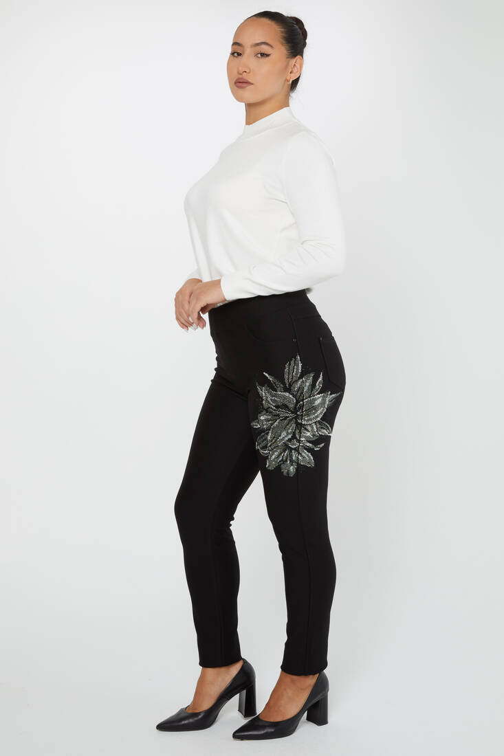 Women's Elastic Waist Trousers Flower Detail Black - 3710 | KAZEE