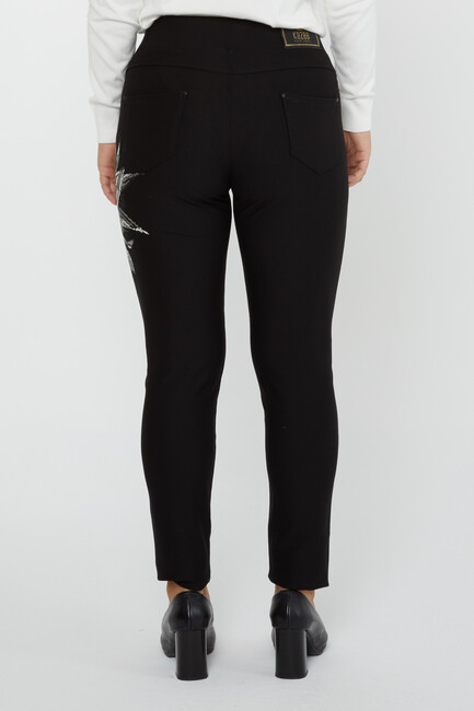 Women's Elastic Waist Trousers Flower Detail Black - 3710 | KAZEE - Thumbnail