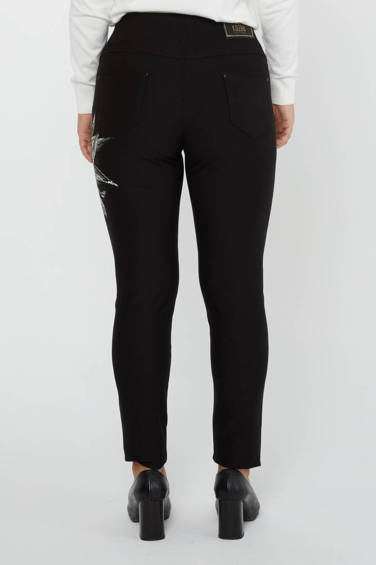 Women's Elastic Waist Trousers Flower Detail Black - 3710 | KAZEE