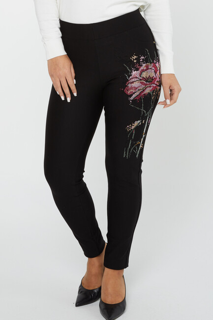 Women's Elastic Waist Trousers Flower Stone Detail Black - 3778 | KAZEE - Thumbnail