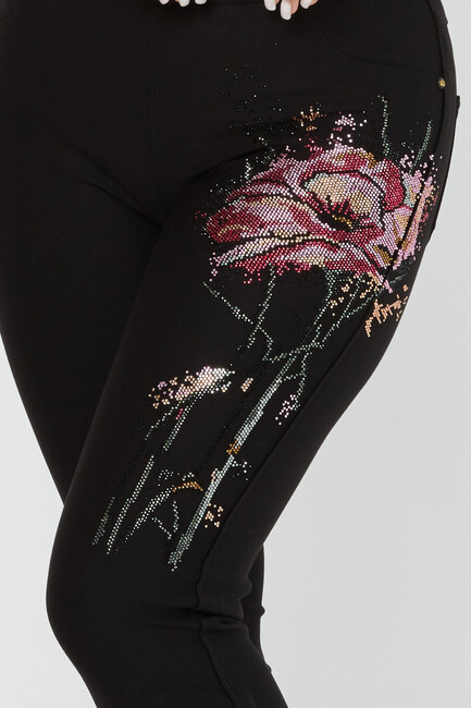 Women's Elastic Waist Trousers Flower Stone Detail Black - 3778 | KAZEE - Thumbnail