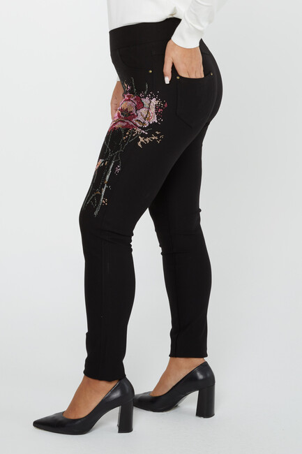 Women's Elastic Waist Trousers Flower Stone Detail Black - 3778 | KAZEE - Thumbnail