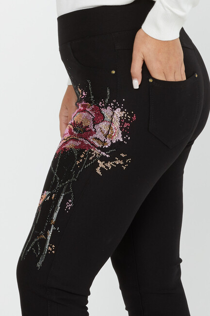 Women's Elastic Waist Trousers Flower Stone Detail Black - 3778 | KAZEE - Thumbnail